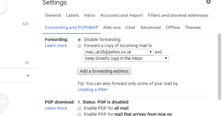 La cuenta de Gmail en la pestaña Transferir no recibe correos electrónicos