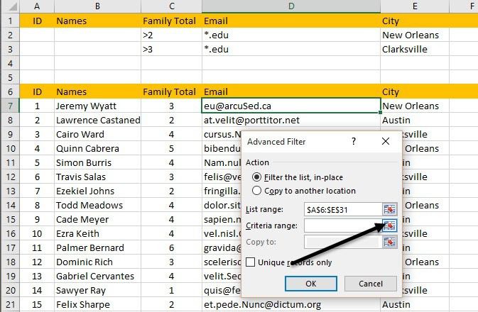 gama de criterios de Excel