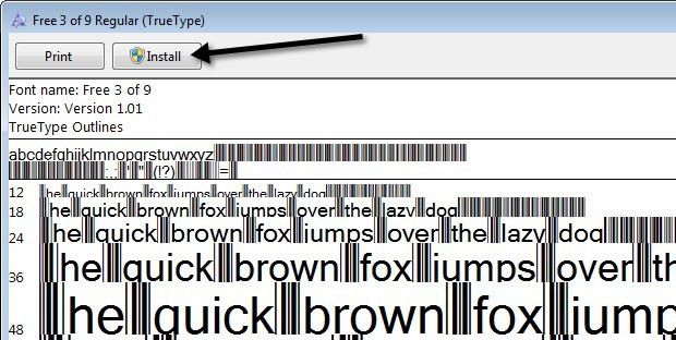 Abra la carpeta y es posible que vea varios archivos, uno de ellos terminando con TTF, que significa True Type Font.  Haga doble clic en el archivo de fuente y aparecerá una ventana que le mostrará la fuente del código de barras en diferentes tamaños.