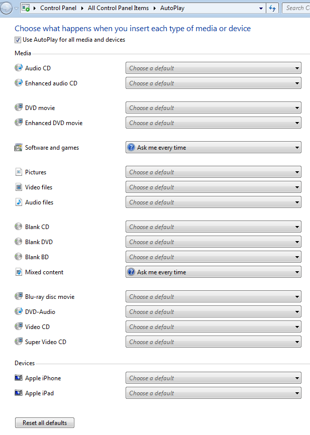 configuración de reproducción automática de Windows 7