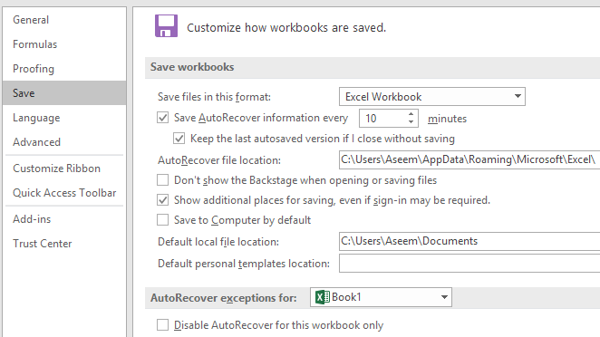 Excel opciones de recuperación automática