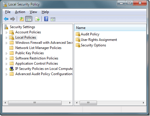 Opciones de política de seguridad local de Windows 7
