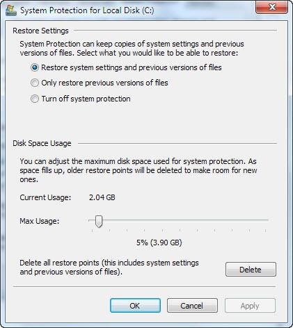 configuración de restauración del sistema