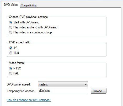 Opciones de creación de DVD