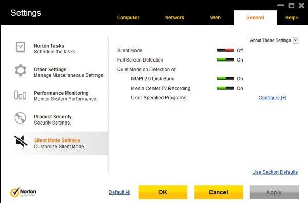 Modo silencioso de Norton