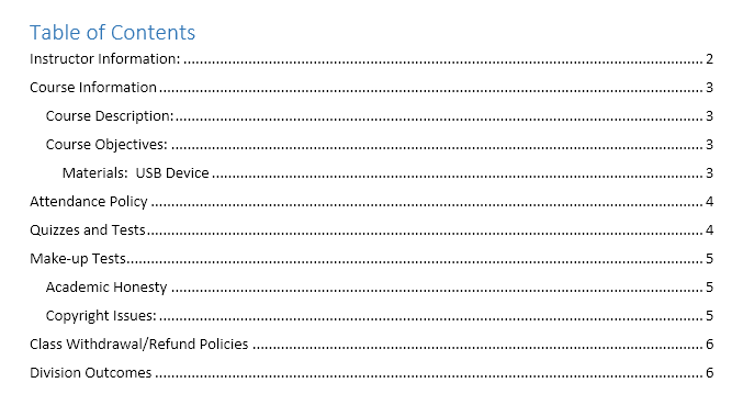 tabla de contenido palabra