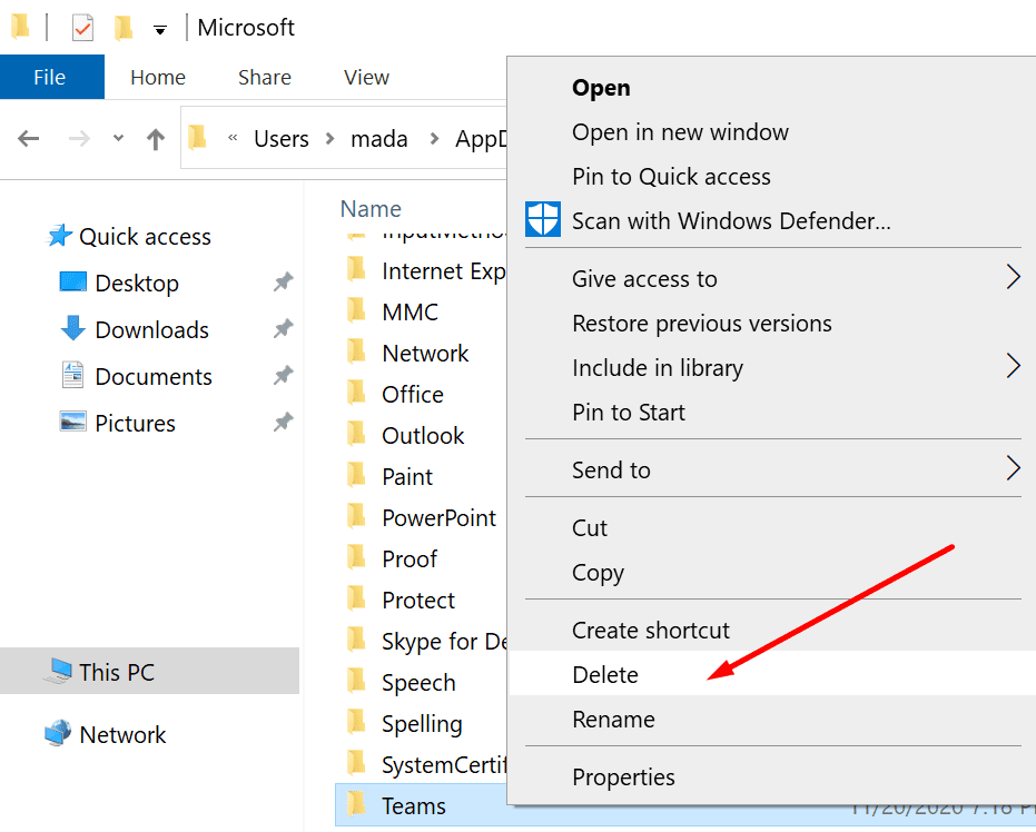 eliminar datos de la aplicación de la carpeta Microsoft Teams