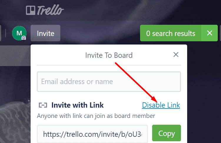 deshabilitar el enlace de invitación de trello