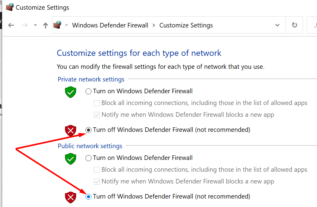 apagar el firewall de Windows Defender