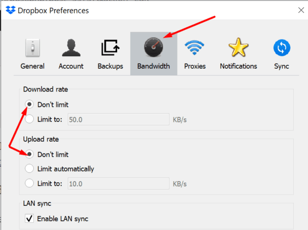 dropbox descargar descargar configuración de ancho de banda