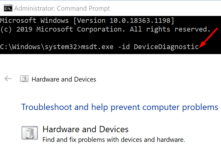 ejecutar el solucionador de problemas de hardware de Windows 10