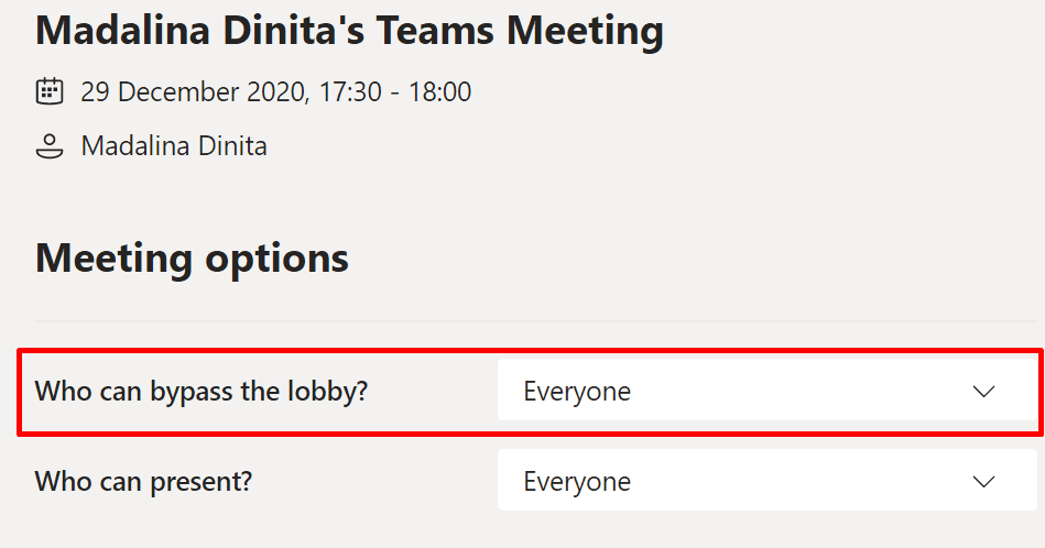 La configuración de la reunión de ms teams evita el lobby