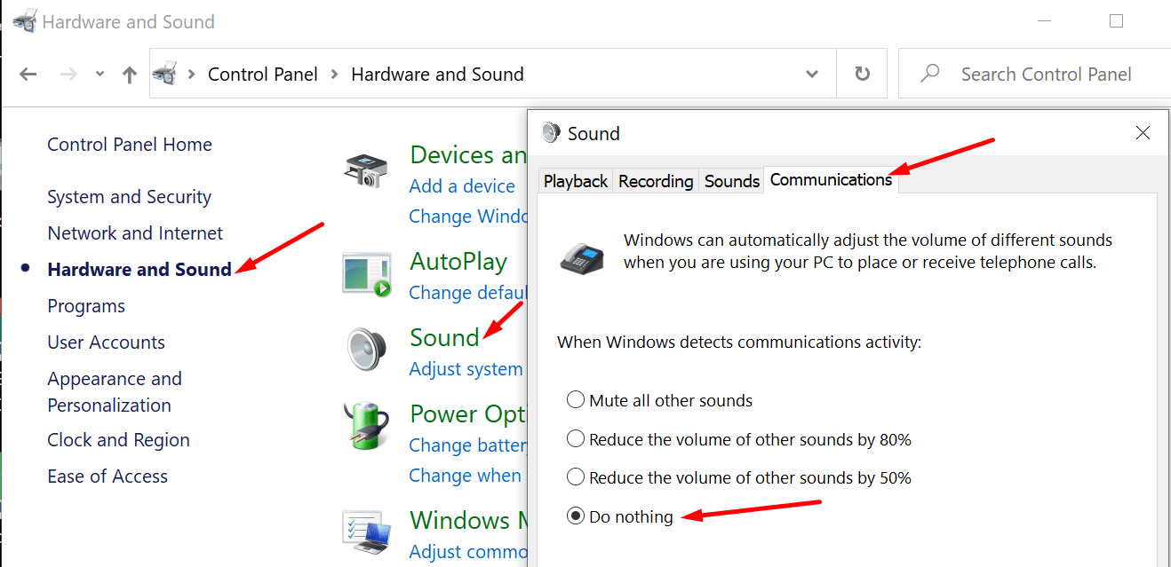 no hacer nada cuando Windows detecta actividad de comunicación