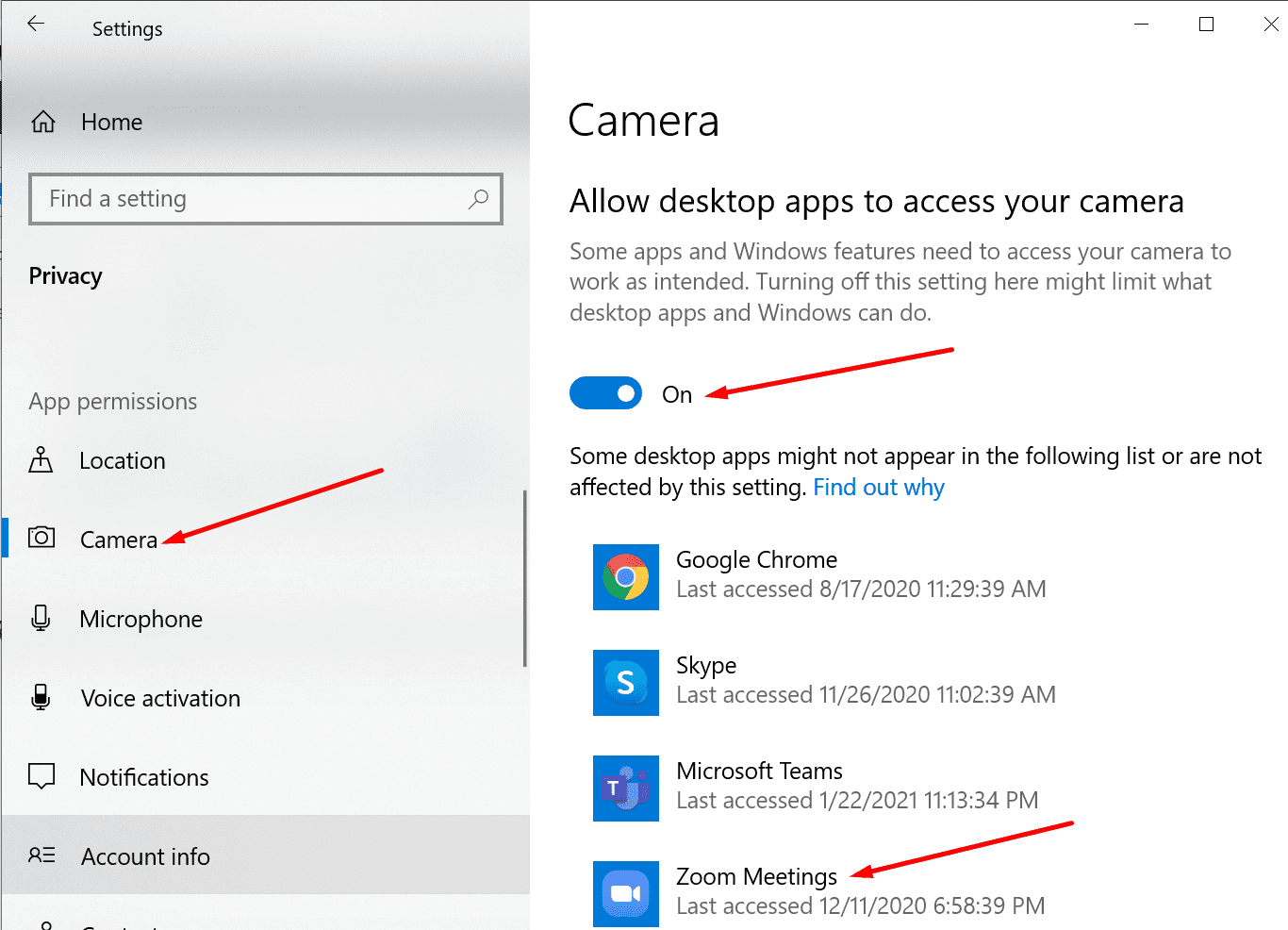 permitir que la aplicación de escritorio Zoom acceda a la cámara de Windows 10