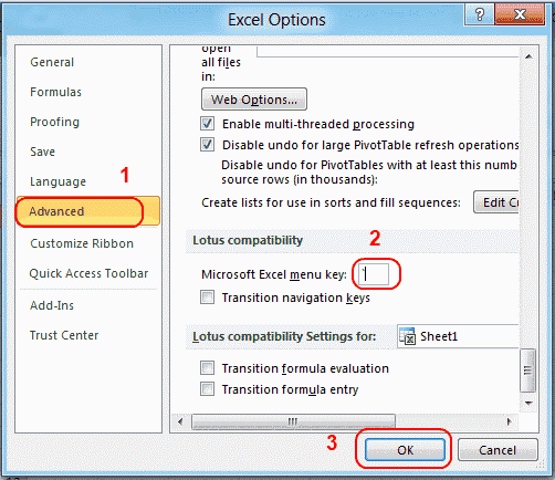 Seleccionar teclas de menú de Microsoft Excel