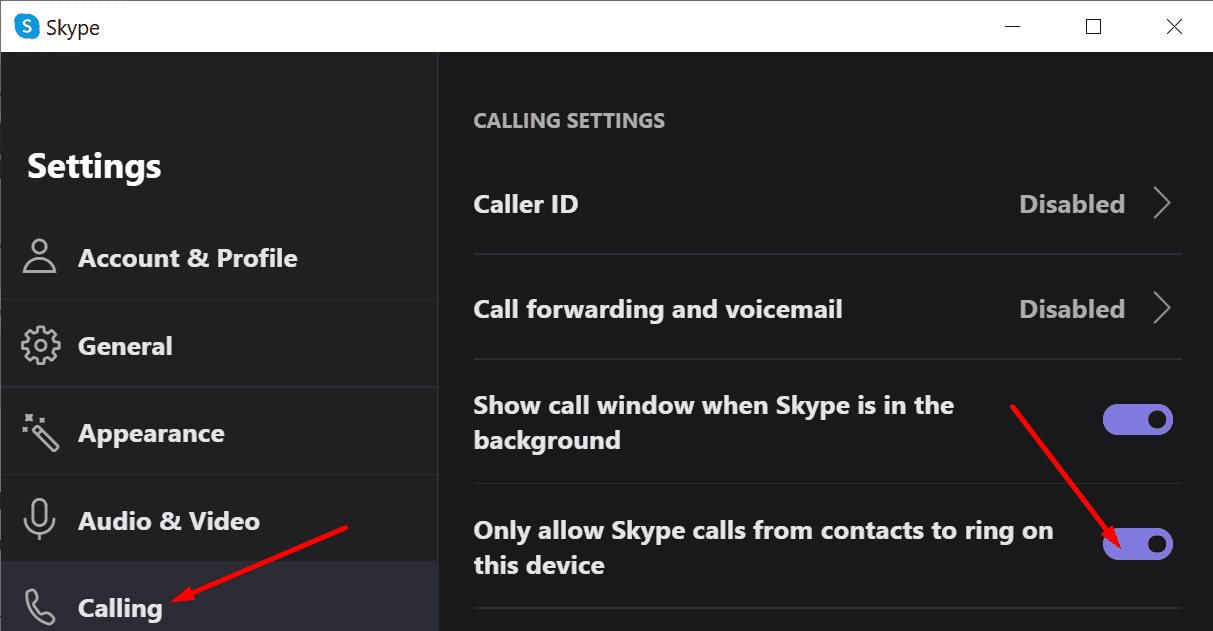 solo permita que las llamadas de Skype de los contactos suenen en este dispositivo