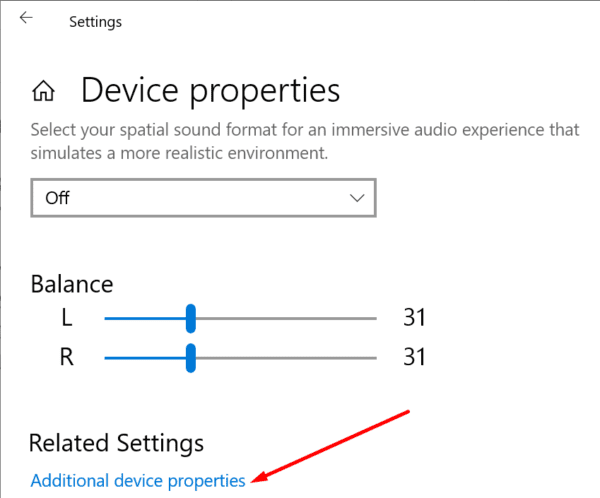 propiedades adicionales de la configuración de sonido del dispositivo Windows 10