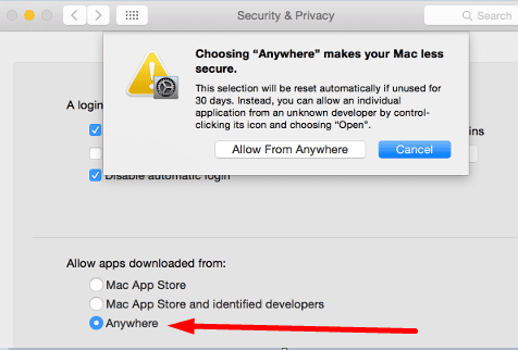 Permitir que las aplicaciones se descarguen desde cualquier lugar en Mac