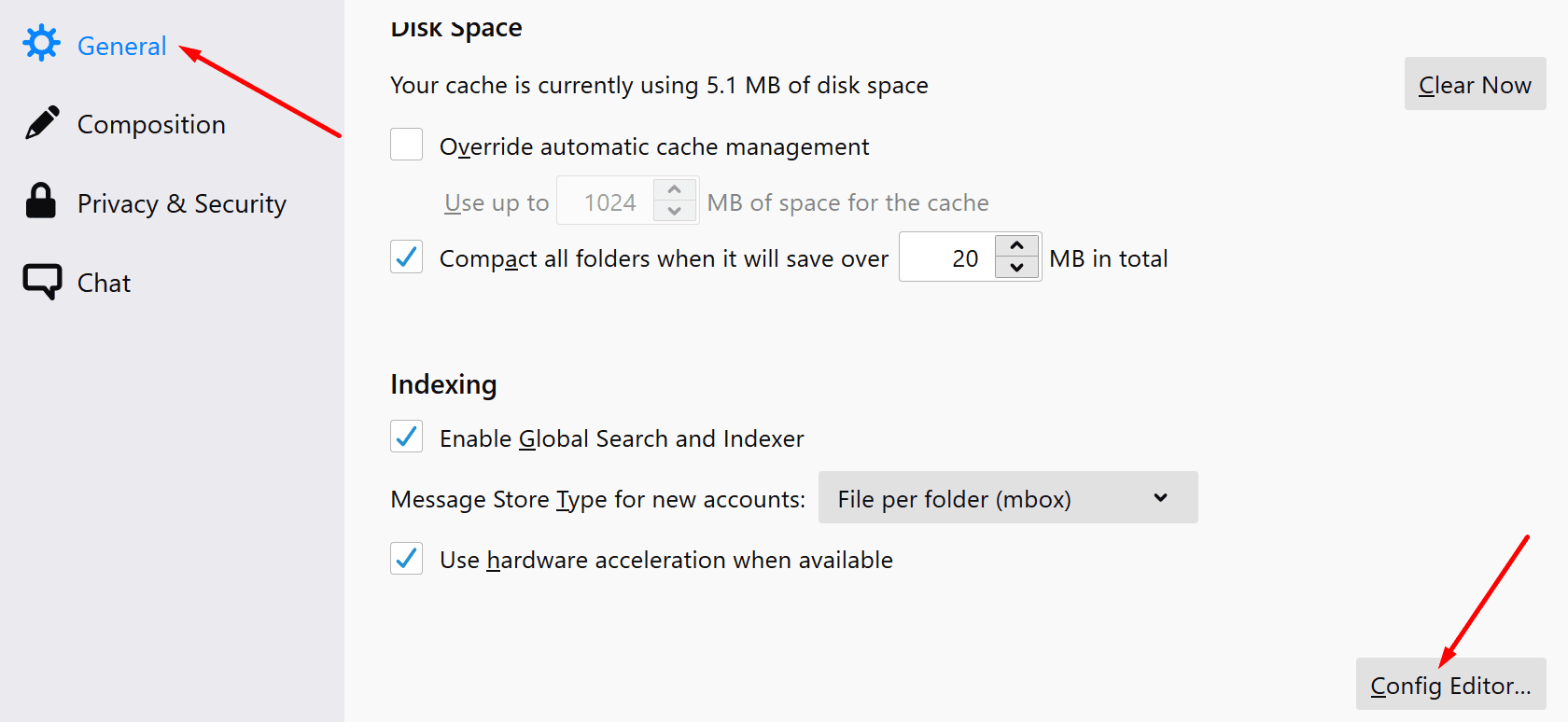 Editor de configuración de Thunderbird