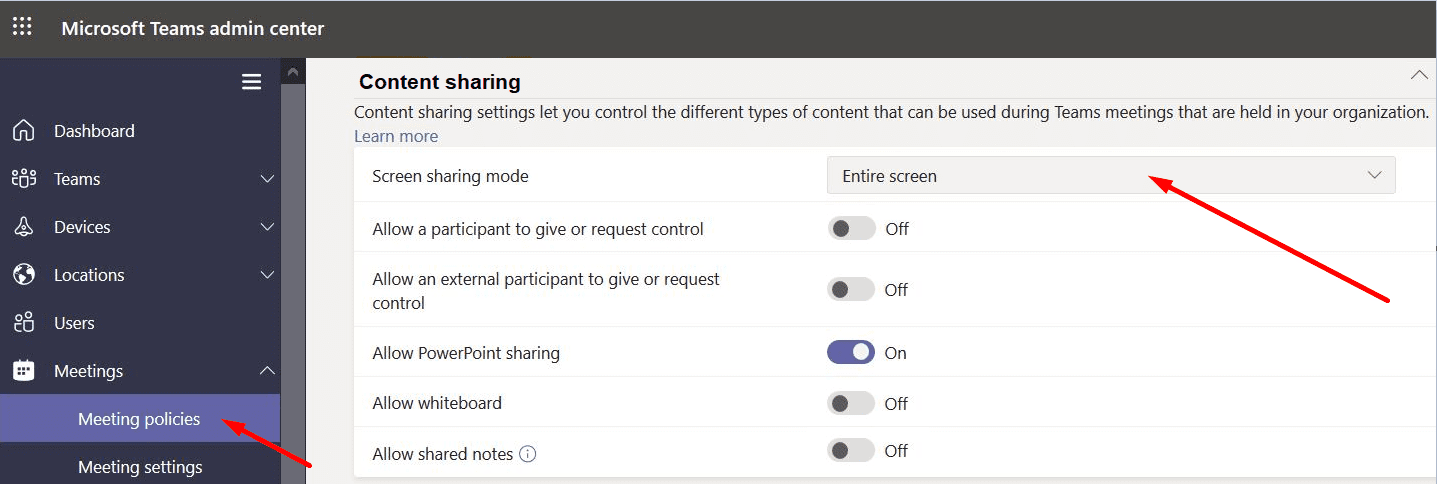 Configuración del modo de compartir pantalla de ms teams