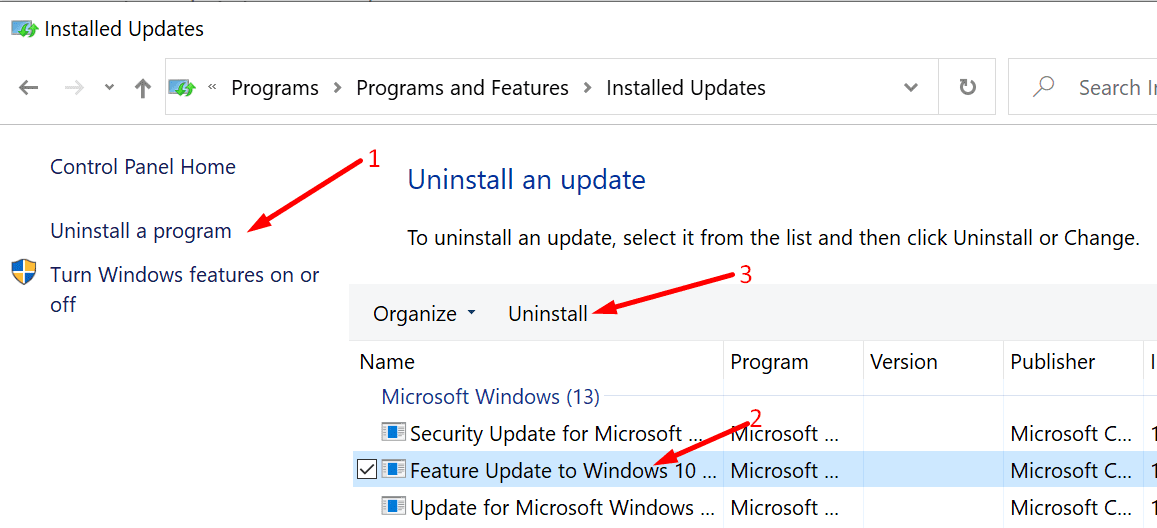 desinstalar el panel de control de actualización de Windows 10