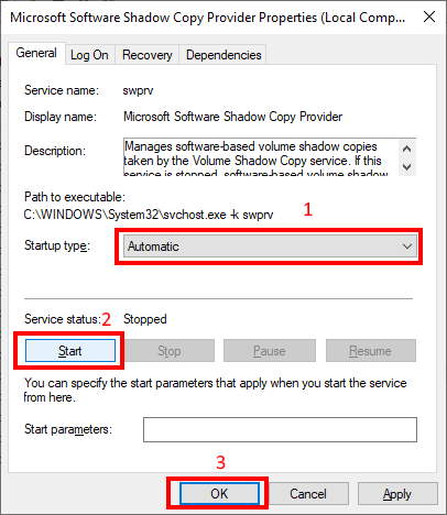 Inicio del servicio swprv de Windows 10