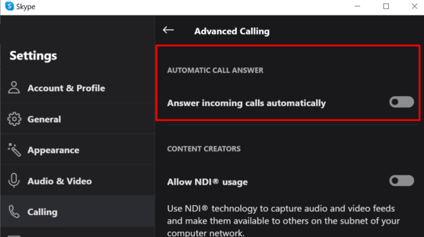 Skype desactiva la respuesta automática de llamadas