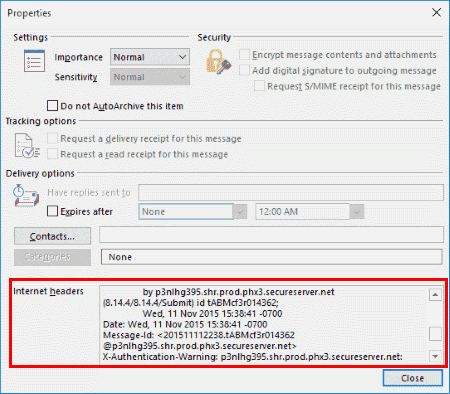 Encabezado del mensaje de Outlook