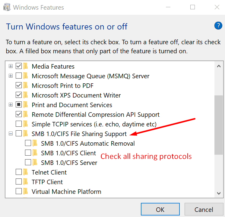habilitar protocolos de uso compartido de Windows 10