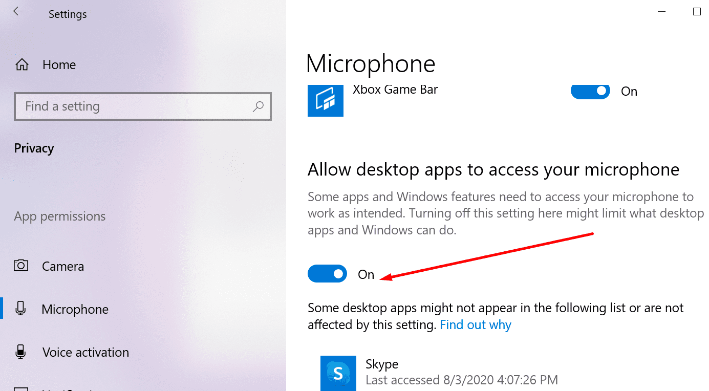 Aplicaciones de escritorio de configuración de privacidad de acceso al micrófono de Windows 10 
