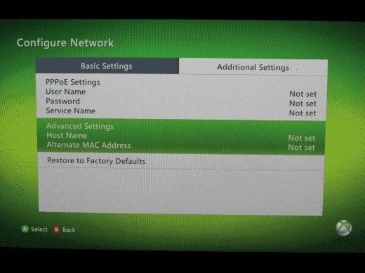 Pantalla de configuración adicional de XBox 360