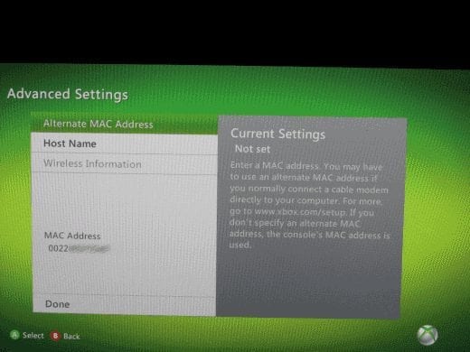 Pantalla de dirección MAC de XBox 360