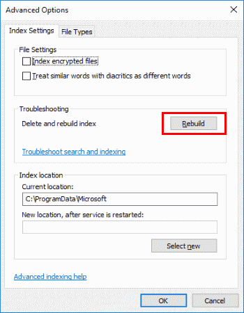 Índice de búsqueda de reconstrucción de Outlook