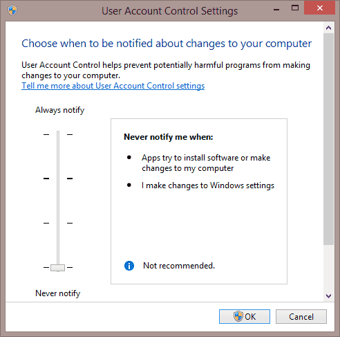 Ventana de configuración de control de cuentas de usuario en Windows 8
