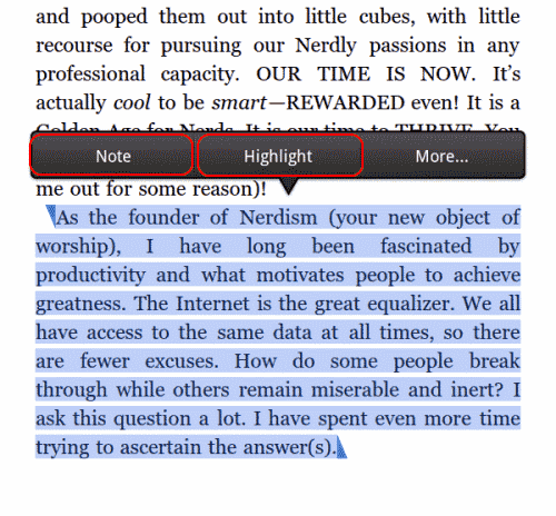 Opciones de nota y resaltado de Kindle Fire