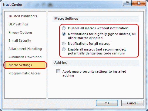 Configuración de macros de Outlook 2010