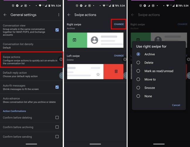 Android 10 Como cambiar las acciones de deslizamiento en Gmail