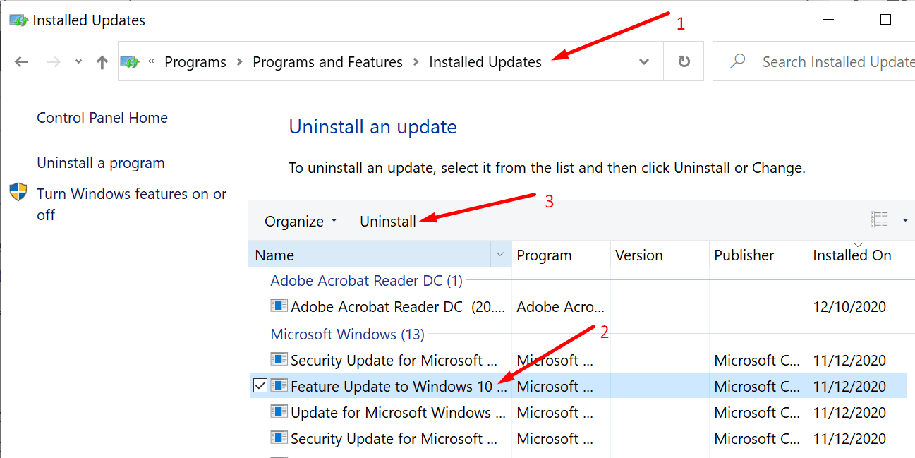 desinstalar el panel de control de actualización de Windows 10