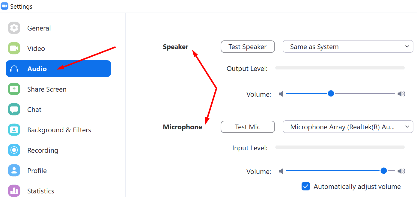 zoom ajustes de audio altavoz micrófono