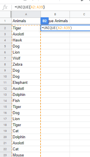 Como utilizar la funcion unica en Google Sheets