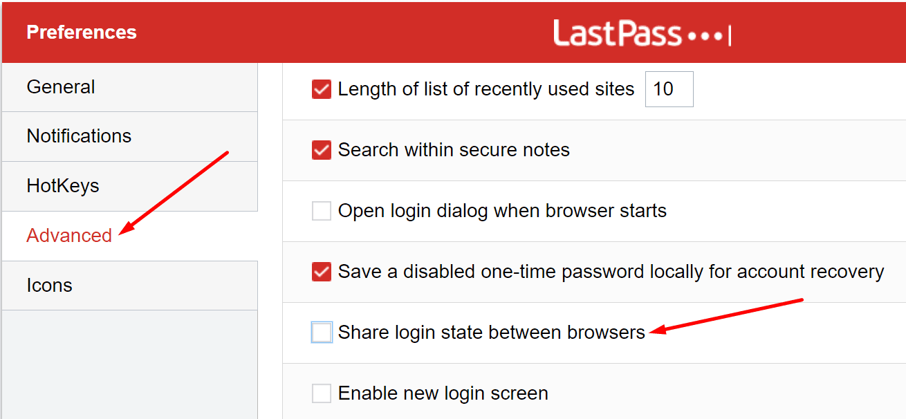 lastpass comparte el estado de conexión entre navegadores