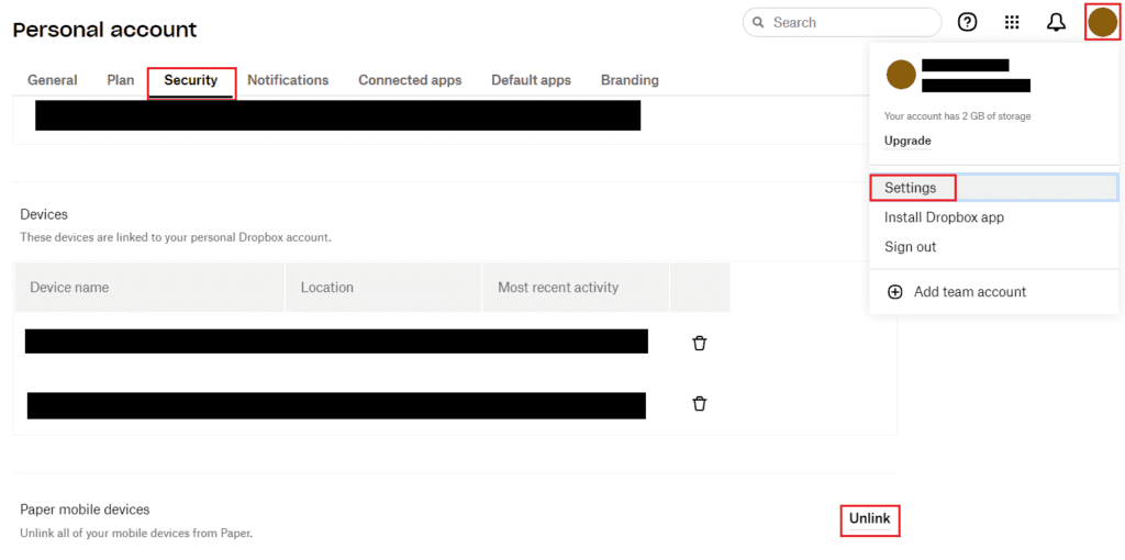 Dropbox como desvincular todos tus dispositivos del papel
