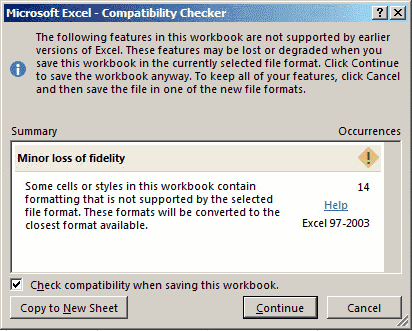 Excel: Cuadro de diálogo de desactivación permanente del Comprobador de compatibilidad