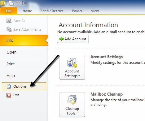 Opciones de archivo de Outlook