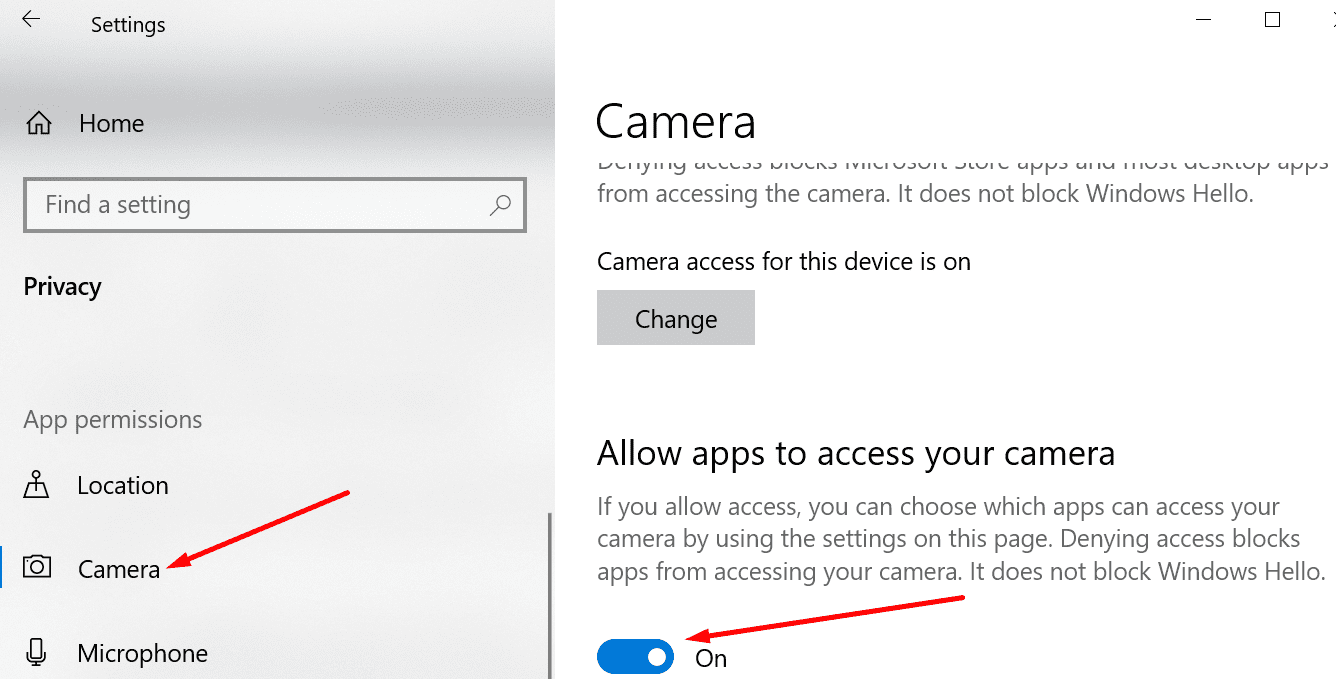 Permitir que las aplicaciones accedan a su cámara de Windows 10