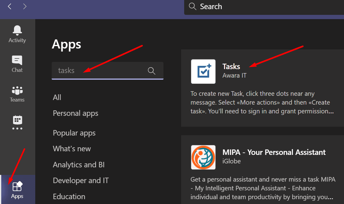 Tareas de la aplicación Microsoft Teams