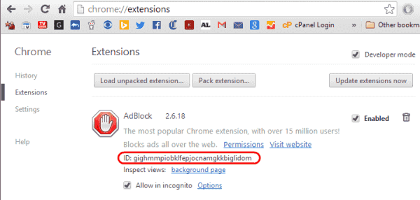 ID de extensión de Chrome