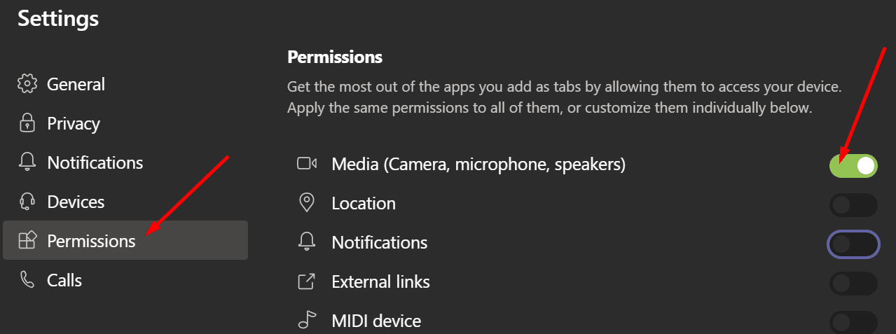 permisos multimedia de los equipos de ms