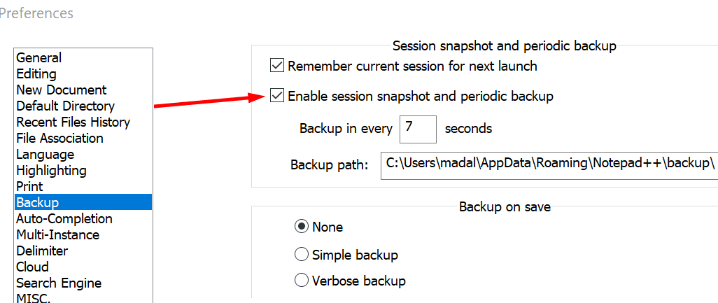 notepad ++ Instantánea de la sesión y copia de seguridad periódica