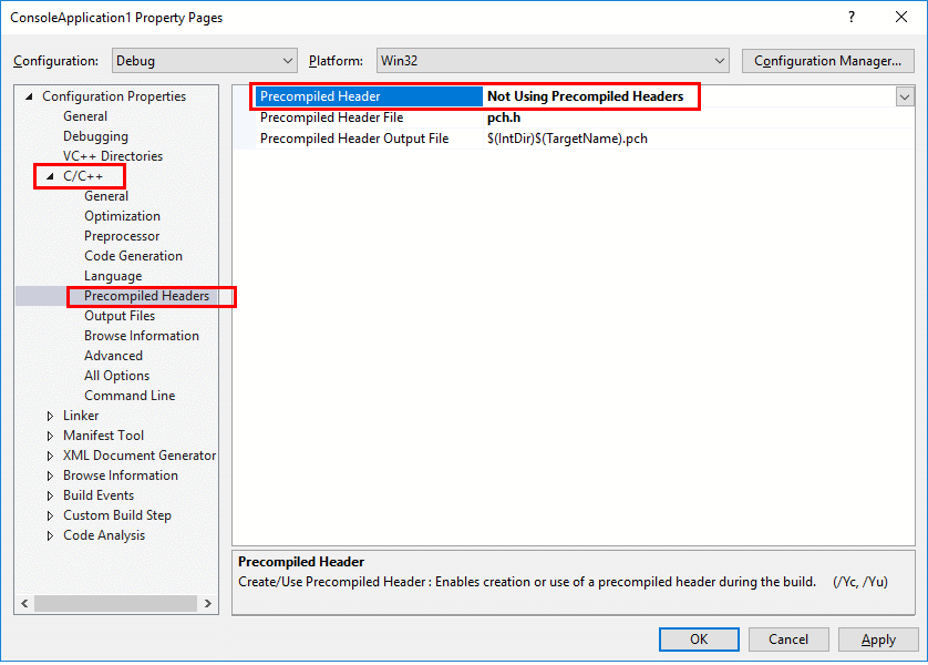 Visual Studio deshabilitar encabezados precompilados